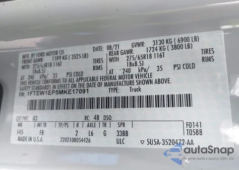 2021 Ford F-150 Xlt from USA, damaged, VIN 1FTEW1EP5MKE17091